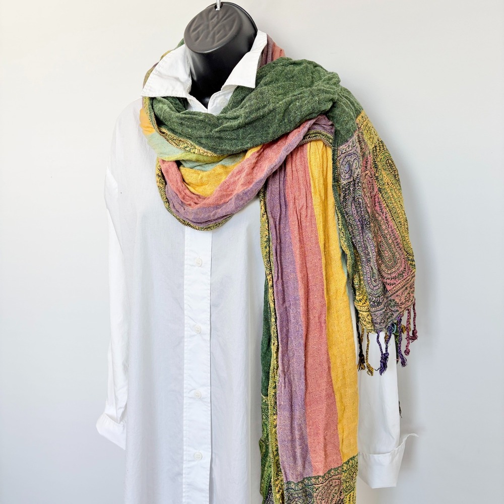 Michaelian & Kohlberg Scarf Paisley Striped Woven Wrap OS Green Multicolor